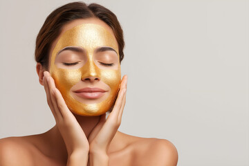 Elegant woman with golden facial mask for radiant skin and self care in a spa, showing luxury beauty treatment and wellness for skincare promotions