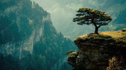 Solitary tree on a mountain precipice overlooking a valley.