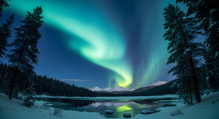 Spectacular display of the Aurora Borealis over a serene, snow-covered lake and forest landscape at night