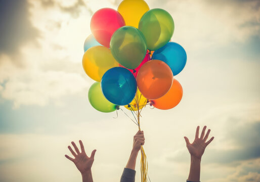 Colorful balloons held up against a cloudy sky with outstretched hands - Powered by Adobe