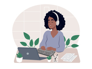 World Braille Day. An African American blind woman reads braille. Smiling woman uses a computer with an updated Braille display or Braille terminal. Vector flat illustration