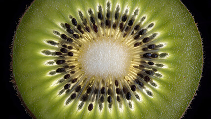 Macro shot of kiwi center core with seeds arranged in perfect circular pattern around white radiating hub