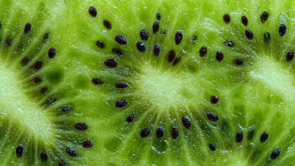 Macro shot of kiwi flesh texture showing gel-like translucent green pulp with embedded seeds creating spotted pattern