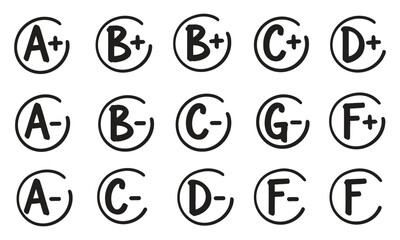 Hand drawn school grades set, academic success and failure symbols, education evaluation system. vector.
