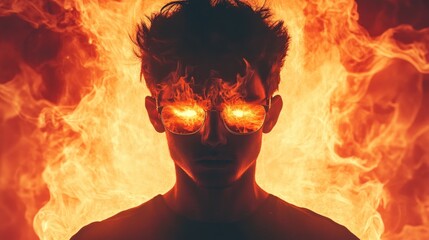 Fiery eyes, man engulfed in flames.