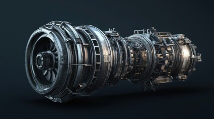 Close-up of a metallic turbofan engine.