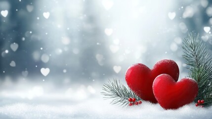 Two red hearts in snowy winter scene.