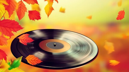 Autumn leaves falling on a vinyl record.