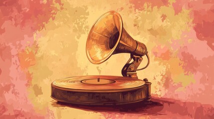 Vintage gramophone with large horn on textured background.