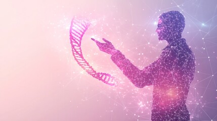 Man interacts with a DNA strand hologram.