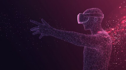 Person wearing VR headset, reaching out in virtual reality.