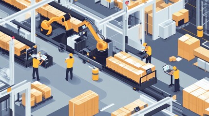 Automated factory with robotic arms and workers managing production line.