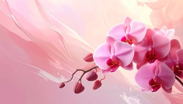 Pink orchid blooms elegantly against a soft pink and white abstract background, creating a serene composition - Powered by Adobe