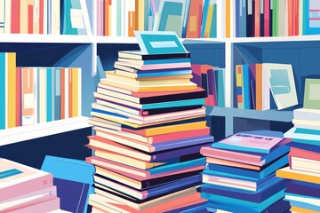 Colorful book stacks in a library corner.