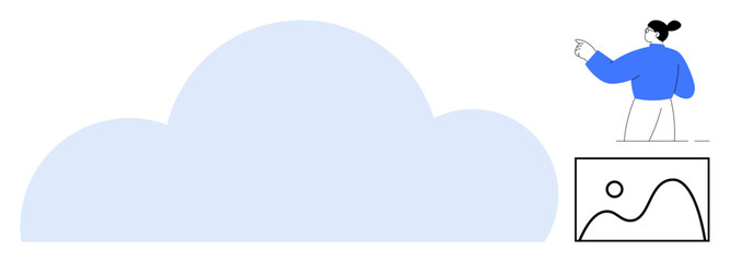 Woman gestures near a large cloud graphic and a picture frame, representing data storage, creativity, and technology. Ideal for cloud technology, storage, analytics, creativity, innovation teamwork