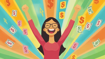 Happy woman celebrating financial success, surrounded by money and vibrant rays.