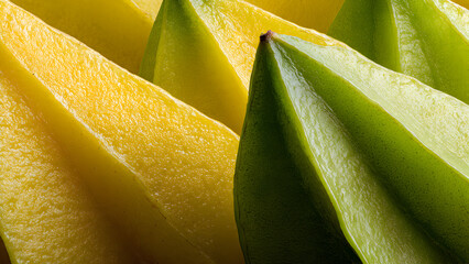 Macro shot of starfruit edges showing sharp angular ridges with gradient from deep yellow to pale green