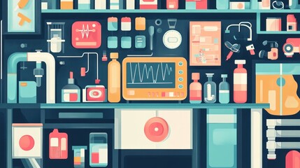 Lab equipment and medical supplies on shelves.