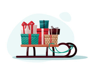 Christmas sleigh with colorful gifts on white background.