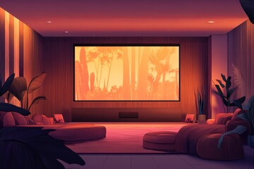 Modern home theater with large screen displaying nature scene, plush seating, and tropical plants.