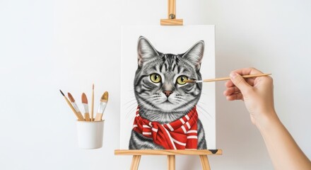 Drawing of cat with scarf on canvas on easel, art concept