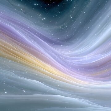 An ethereal, abstract depiction of a swirling nebula in space, featuring soft pastel colors like lavender, peach, and pale blue, with numerous small, sparkling