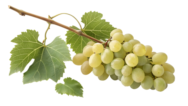 A single bunch of ripe green grapes with attached leaves hangs from a vine against a stark black background