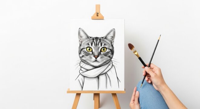 Hand holding painting brushes near a canvas on an easel with a sketch of a cat wearing a scarf on white background
