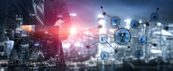 A businessman stands confidently with arms crossed, overlooking a vibrant cityscape, featuring digital icons symbolizing growth and innovation, highlighting strategic opportunities. Tessel