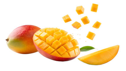 Vibrant ripe mangoes presented whole sliced and diced in a dynamic studio shot