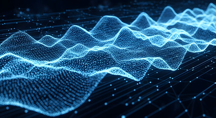 Abstract blue glowing waves of light particles forming a sound wave visualization on a dark background, digital art