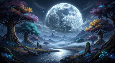 Enchanting moonlit landscape with fantastical trees reflecting serene river light