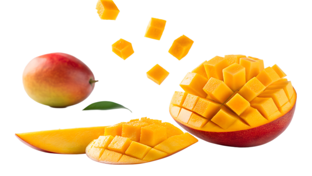 Vibrant ripe mangoes artfully displayed with cubes falling against a dramatic black background