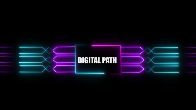 Networking chip icon futuristic neon circuit board DIGITAL PATH animated. on black background. Motion graphic of digital logo with futuristic technology.4k video black background animated...