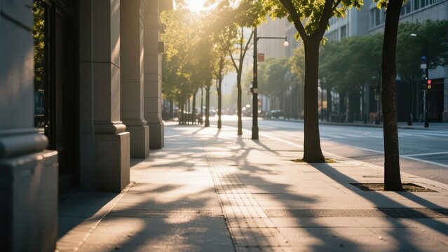 A city street unfolds in twilight light, with tree shadows and buildings reflecting each other, presenting a warm and quiet urban aesthetic atmosphere.