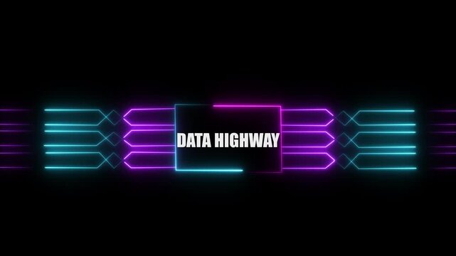 Networking chip icon futuristic neon circuit board DATA HIGHWAY animated. on black background. Motion graphic of digital logo with futuristic technology.4k video black background animated...