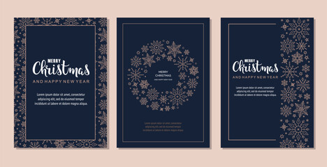 Merry Christmas modern card with snowflakes greeting on blue background. Round shape