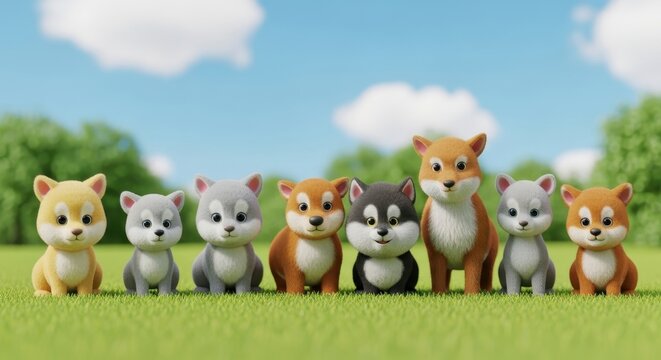 Enchanting parade of playful puppy figurines displayed across the verdant lawn under bright skies - Powered by Adobe