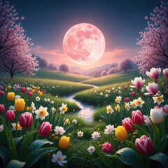 Enchanting pink moon illuminates a blossoming meadow amidst a surreal landscape vista