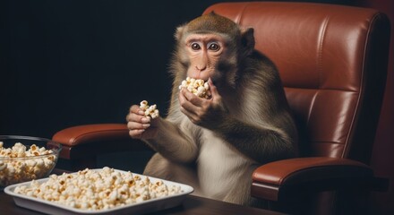 Monkey sitting in a chair and eating popcorn