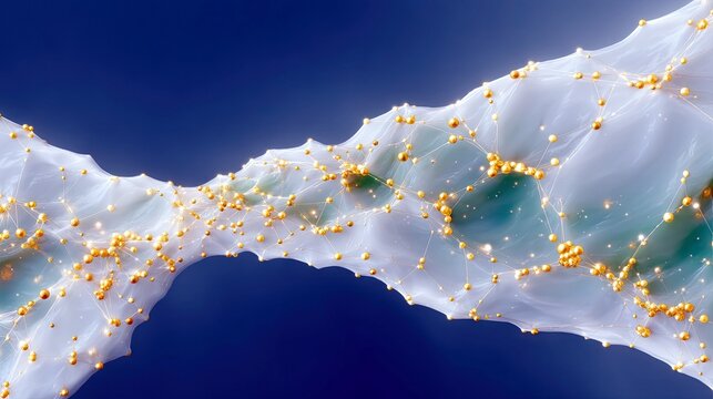 An abstract network of golden spheres interconnected by thin lines, spread across a translucent, wavy membrane. The background is a deep, dark blue, with subtle