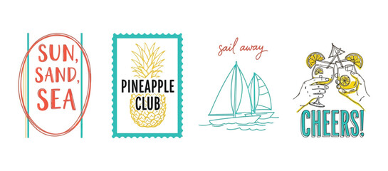 Summer vacation elements set: tropical pineapple club, beach quotes, sailboats, and cocktail toast.