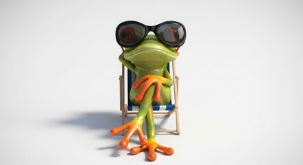 Cartoon frog wearing sunglasses relaxing in beach chair on white background