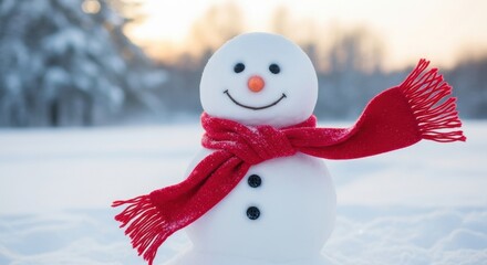 Enchanting snowman adorned with a vibrant scarf enjoying the crisp winter atmosphere on a