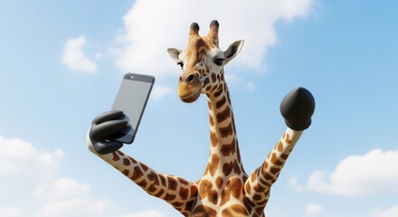 Giraffe taking a selfie with a smartphone against a cloudy sky