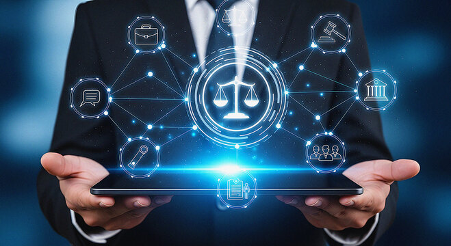 Digital Legal System and Justice Concept: Businessman Holding Tablet with Law Icons Future of Legal Tech, Online Services, and Digital Rights Management Network