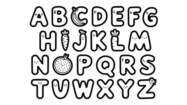 Cute alphabet letters with fruit and vegetable illustrations fun educational vector design for kids learning isolated on white background