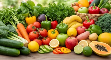 Abundant harvest of nutritious fruits and vegetables showcased on wood, emphasizing freshness and variety