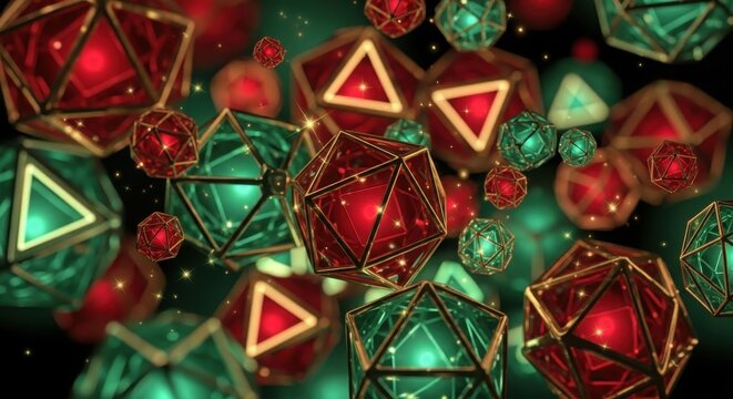 Dynamic arrangement of glowing red and green geometric solids in abstract art