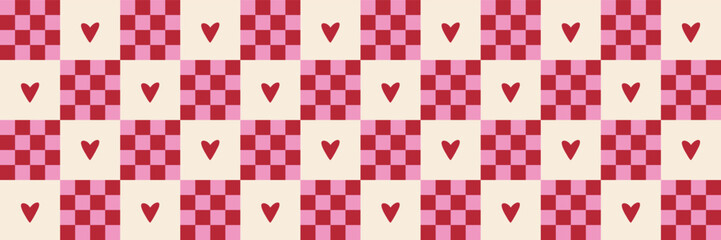 Abstract seamless pastel checkered background with pink hearts. A cute retro pattern soft tones, perfect for Valentine day designs, textiles, scrapbooking and digital textures.
